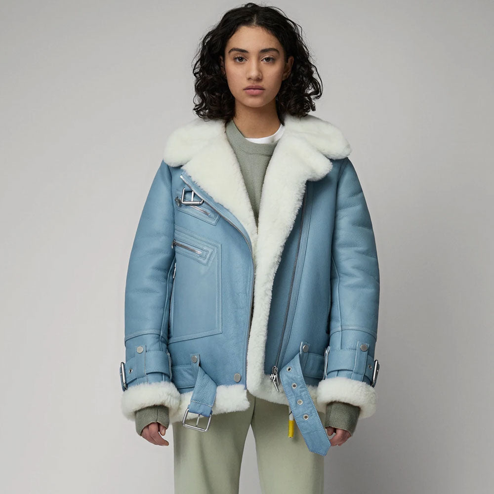 Women’s Light Blue B3 RAF Aviator Styled Sheepskin Jacket | Powder Blue Shearling Flight Bomber | Full Grain Apparel