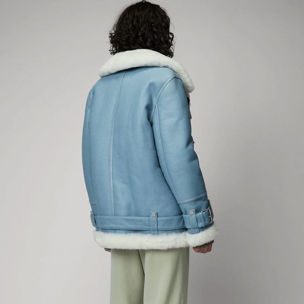 Women’s Light Blue B3 RAF Aviator Styled Sheepskin Jacket | Powder Blue Shearling Flight Bomber | Full Grain Apparel