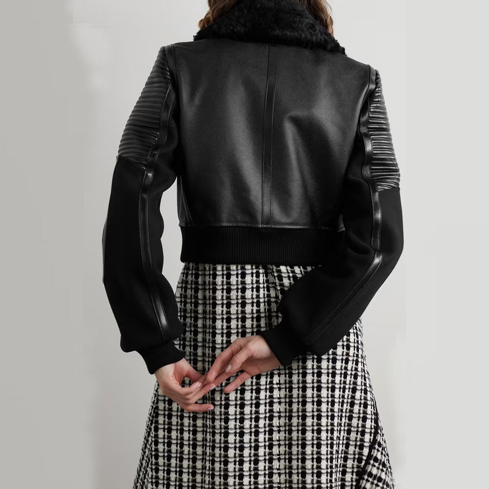 Women’s Black Shearling-Trimmed Textured-Leather Bomber Jacket | Grain-Finish Aviator Pilot Coat | Full Grain Apparel