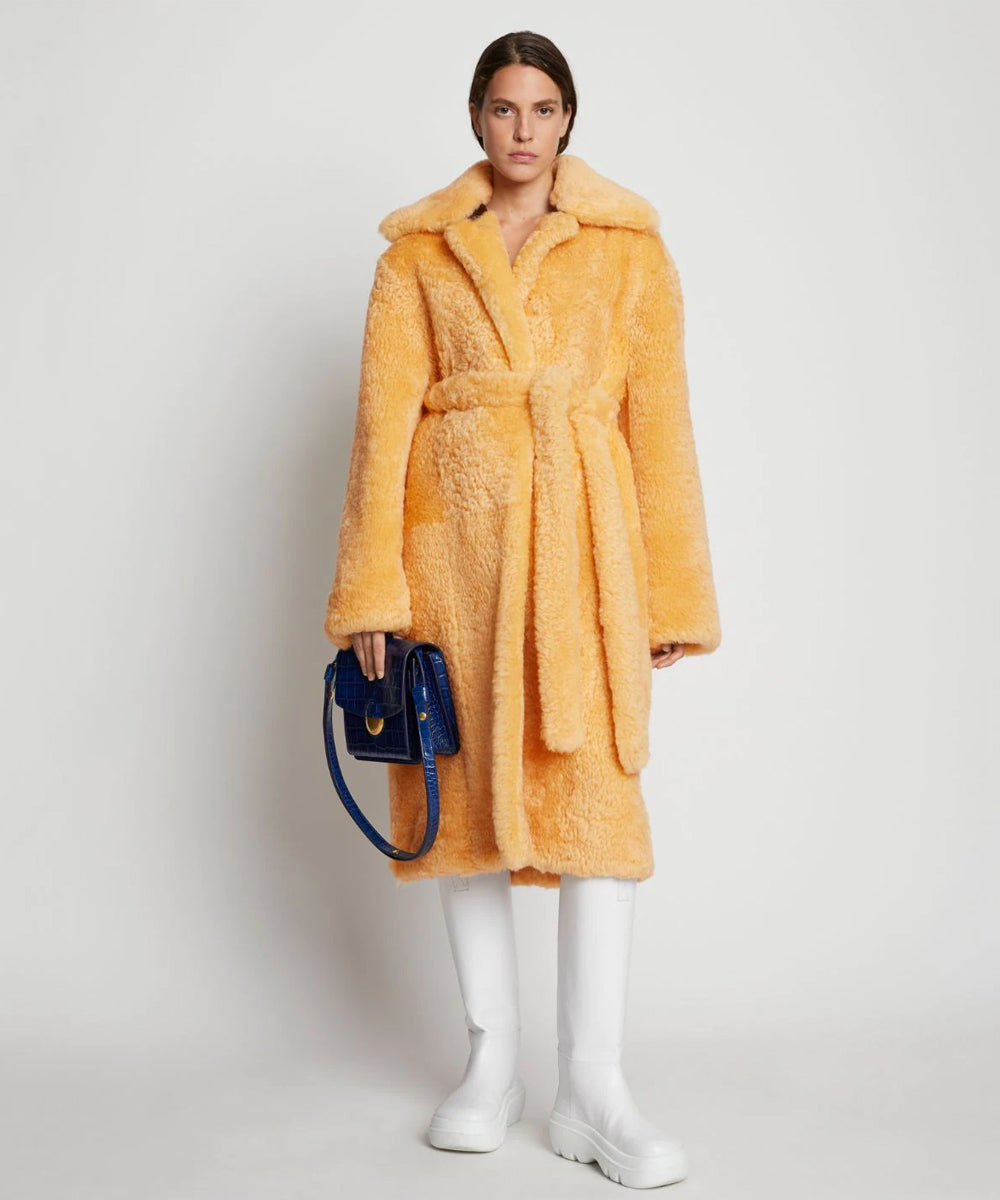Women’s Apricot Soft Curly Fur Shearling Long Coat | Plush Winter Trench | Full Grain Apparel