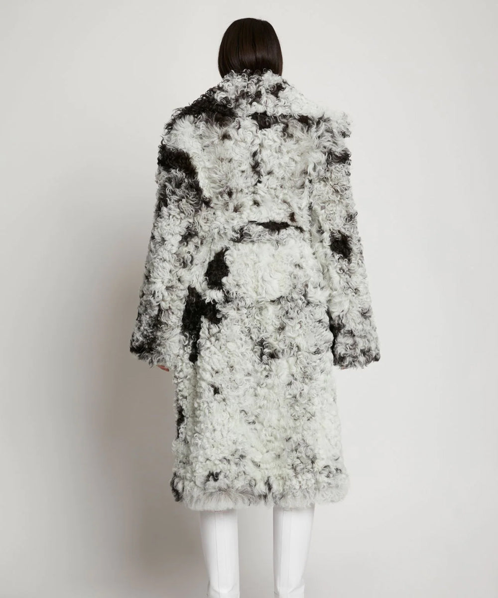 Women’s Black & White Fur Shearling Long Coat | Luxury Contrast Trench | Full Grain Apparel