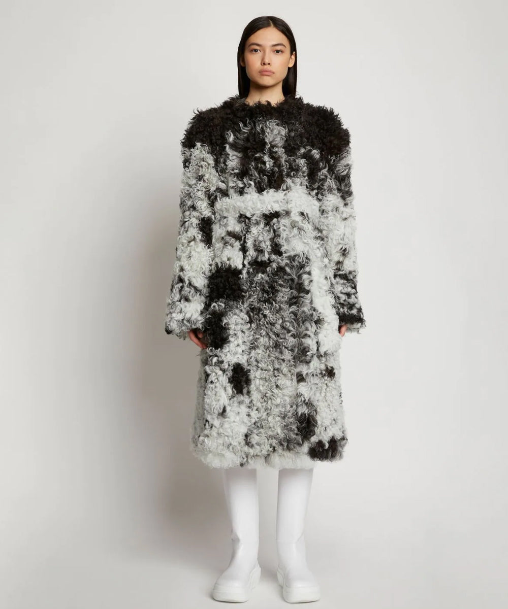 Women’s Black & White Fur Shearling Long Coat | Luxury Contrast Trench | Full Grain Apparel