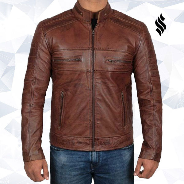 The "Copperhead" | Men’s Cognac Brown Distressed Moto Jacket | Full Grain Apparel