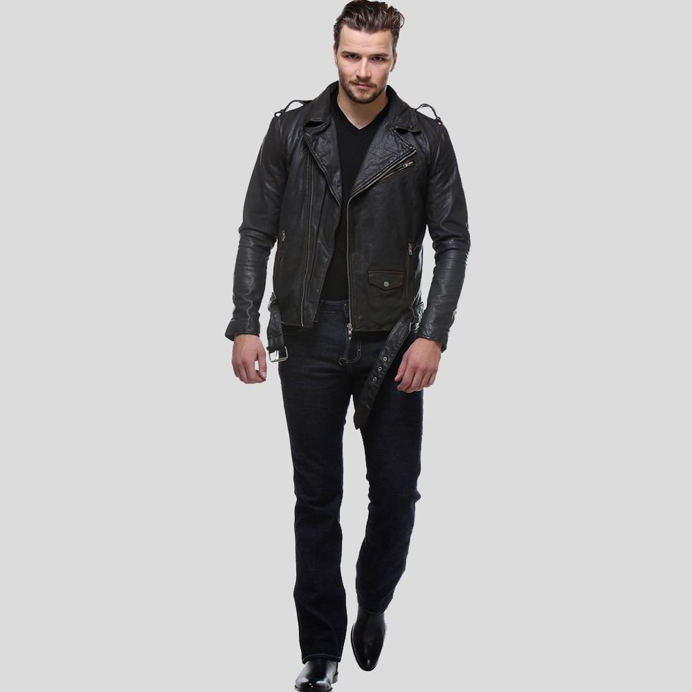 Chaqueta de cuero Freddie Biker negra para hombre | Piel de oveja Napa italiana | Prenda de grano completo