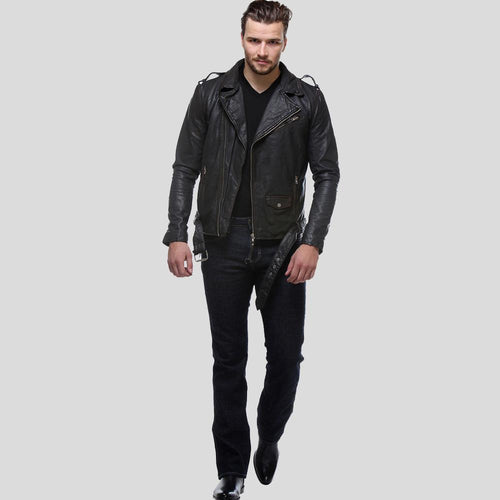 Chaqueta de cuero Freddie Biker negra para hombre | Piel de oveja Napa italiana | Prenda de grano completo