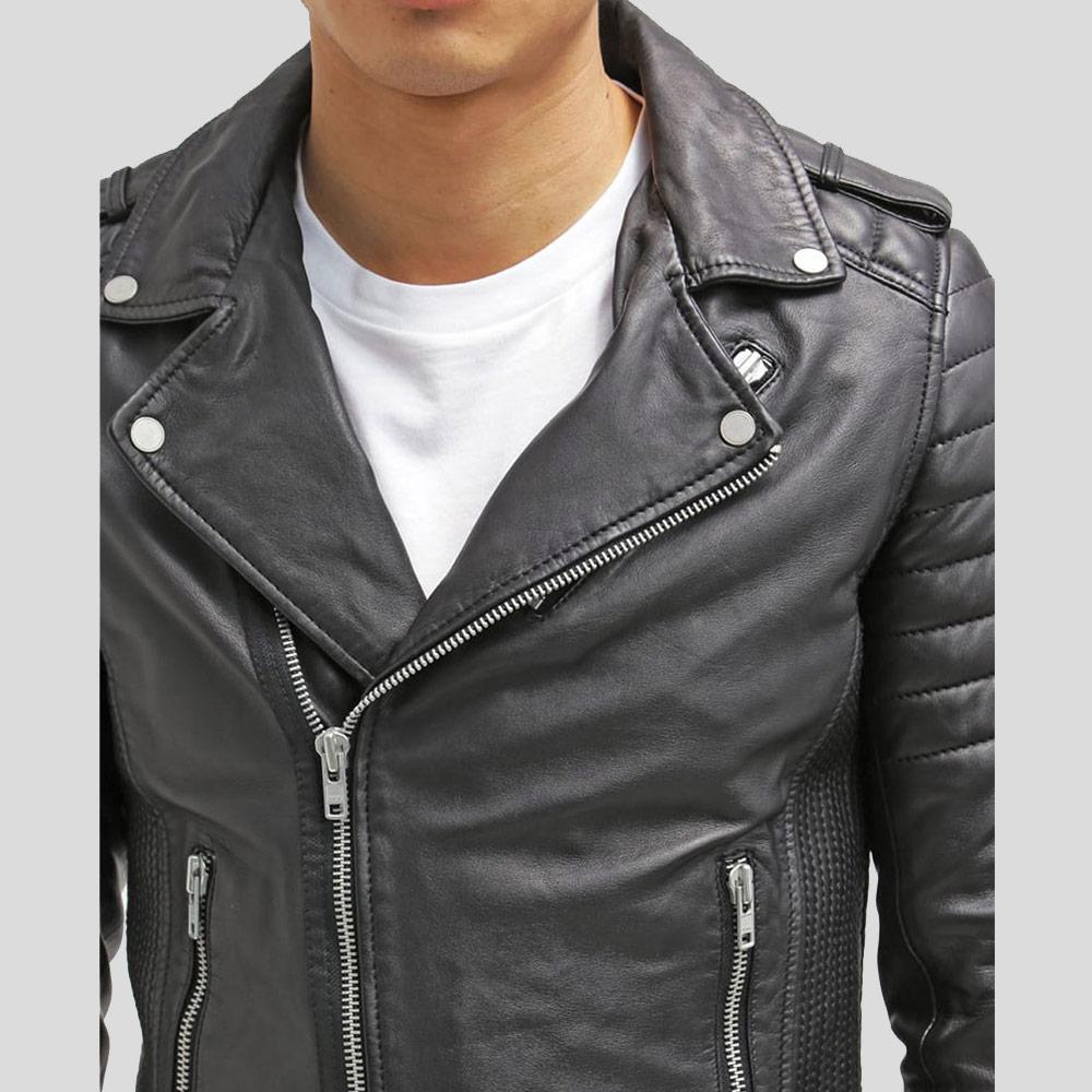 Chaqueta de cuero para motociclista Cain negra de corte entallado para hombre | Prendas de piel de plena flor