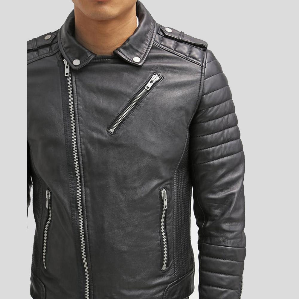 Chaqueta de cuero para motociclista Cain negra de corte entallado para hombre | Prendas de piel de plena flor