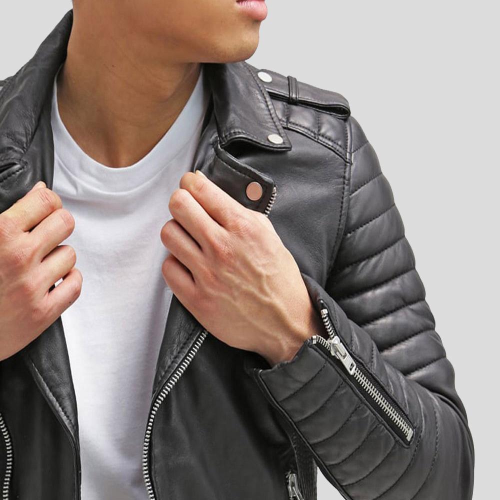 Chaqueta de cuero para motociclista Cain negra de corte entallado para hombre | Prendas de piel de plena flor