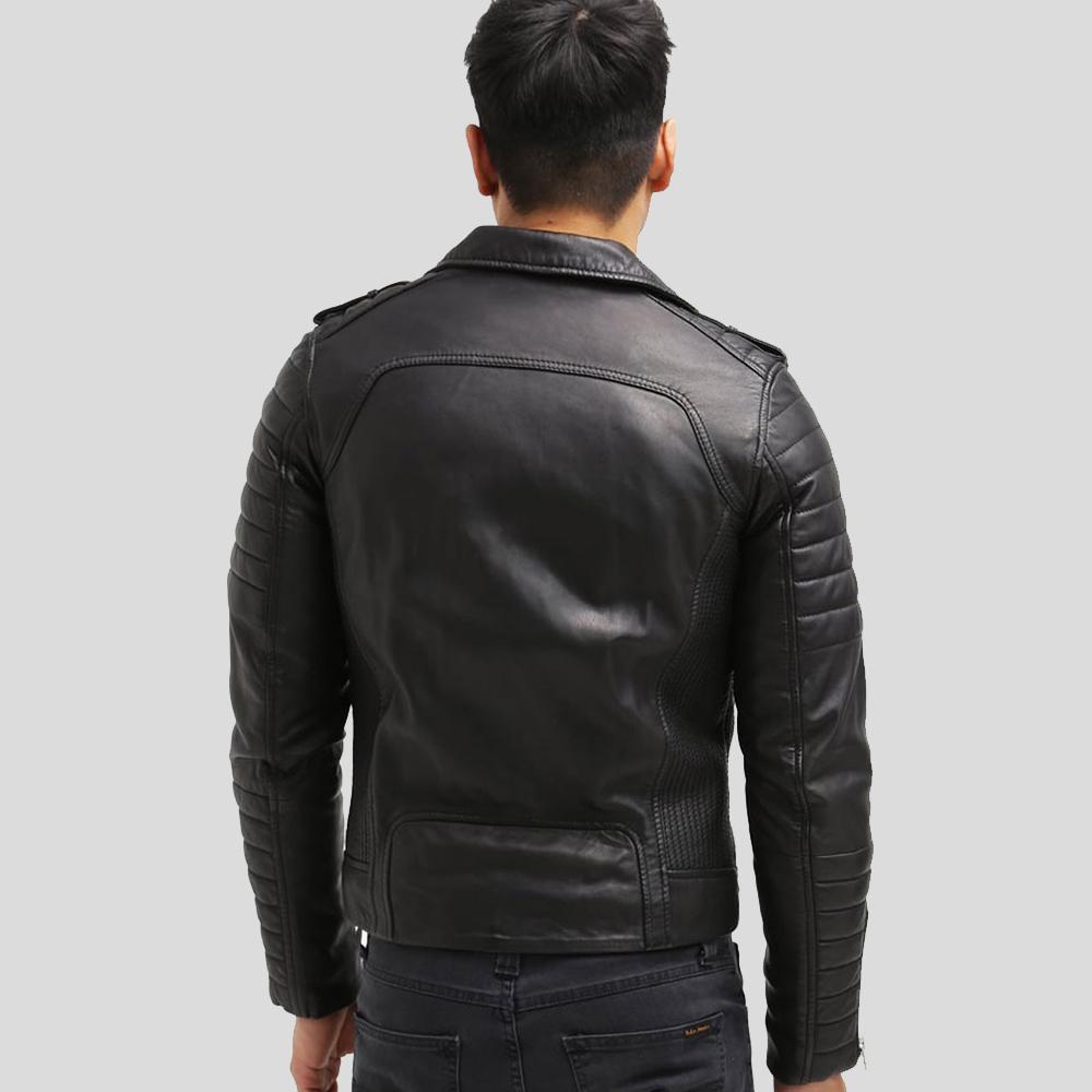 Chaqueta de cuero para motociclista Cain negra de corte entallado para hombre | Prendas de piel de plena flor