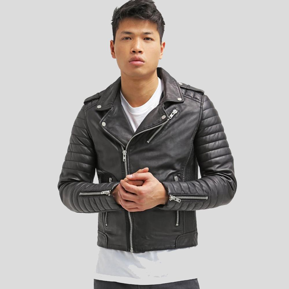 Chaqueta de cuero para motociclista Cain negra de corte entallado para hombre | Prendas de piel de plena flor