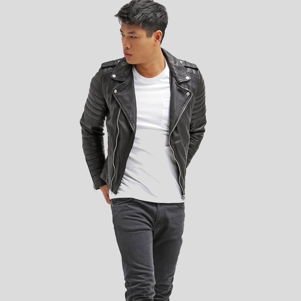 Chaqueta de cuero para motociclista Cain negra de corte entallado para hombre | Prendas de piel de plena flor