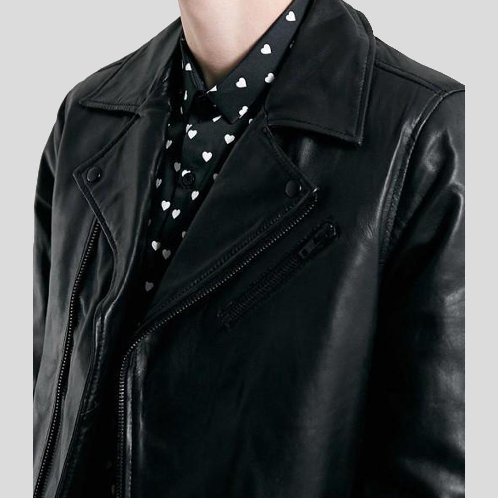 Chaqueta de cuero de cordero tipo biker Caleb negra para hombre | Ropa de piel plena flor
