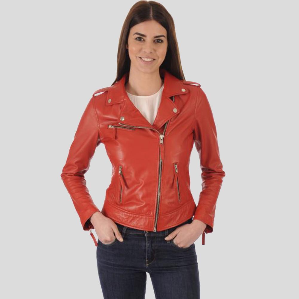 Women's Callie Red Biker Lambskin Leather Jacket | Full Grain Apparel