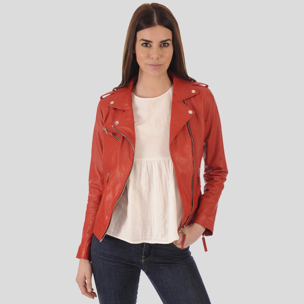 Women's Callie Red Biker Lambskin Leather Jacket | Full Grain Apparel