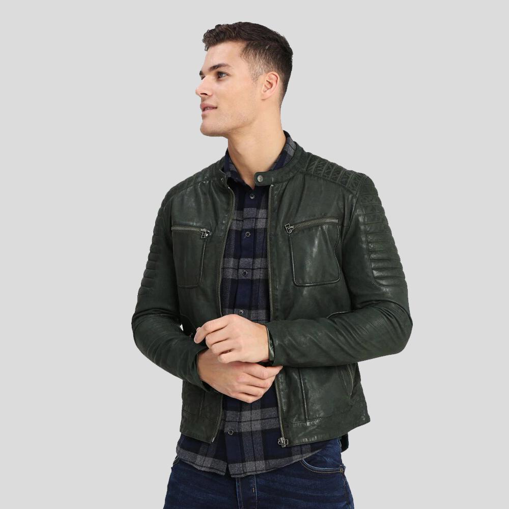 Men's Cleo Dark Green Biker Leather Jacket | Full Grain Apparel