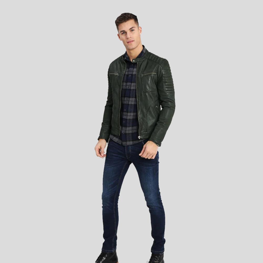 Chaqueta de cuero de motociclista Cleo verde oscuro para hombre | Vestimenta de cuero de plena flor