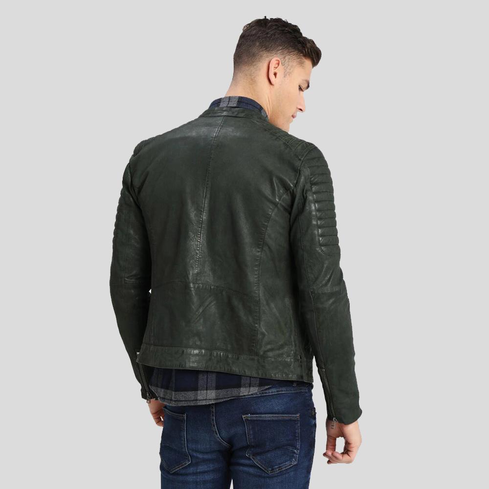 Chaqueta de cuero de motociclista Cleo verde oscuro para hombre | Vestimenta de cuero de plena flor