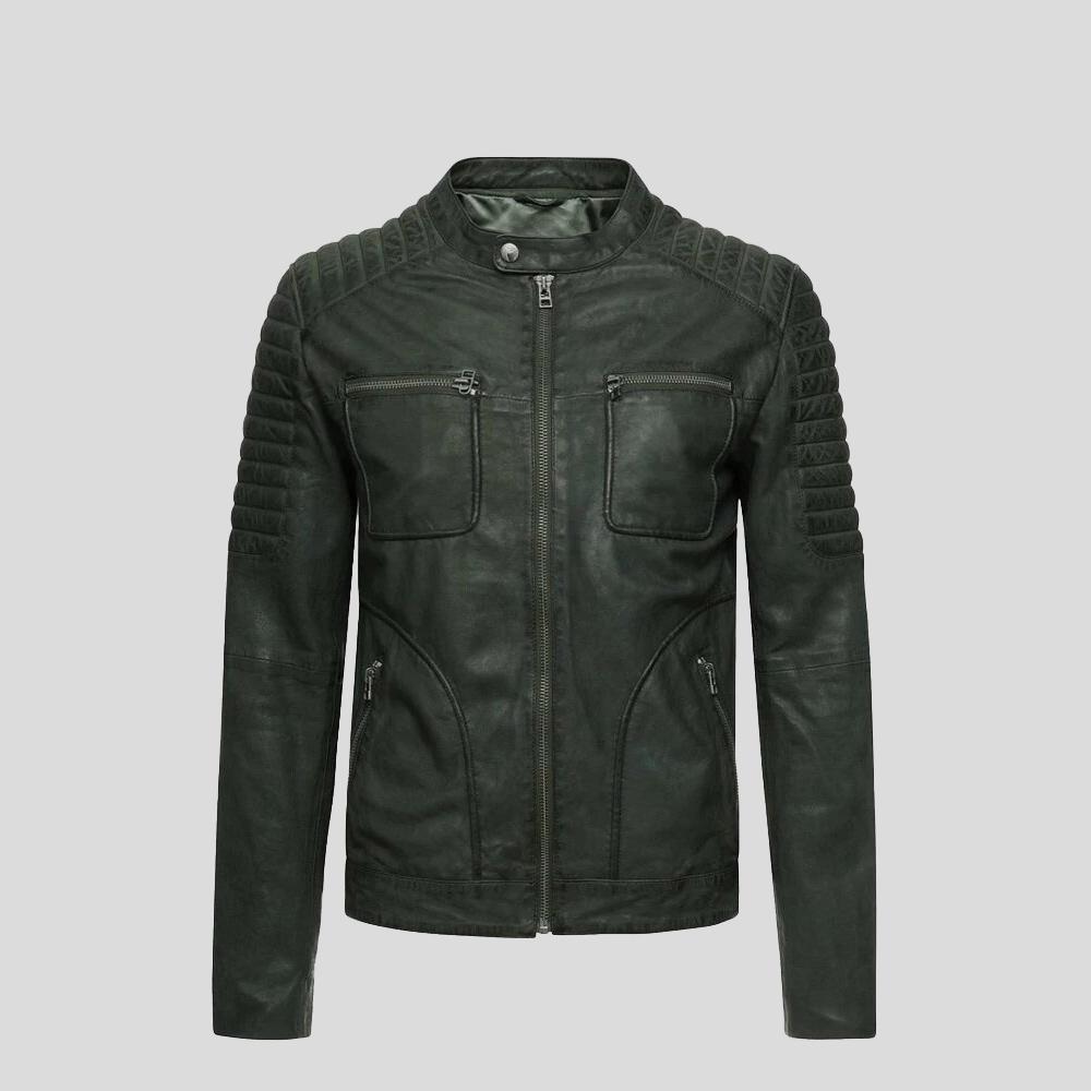 Chaqueta de cuero de motociclista Cleo verde oscuro para hombre | Vestimenta de cuero de plena flor