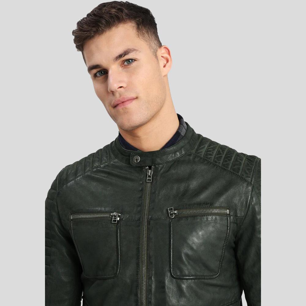 Chaqueta de cuero de motociclista Cleo verde oscuro para hombre | Vestimenta de cuero de plena flor