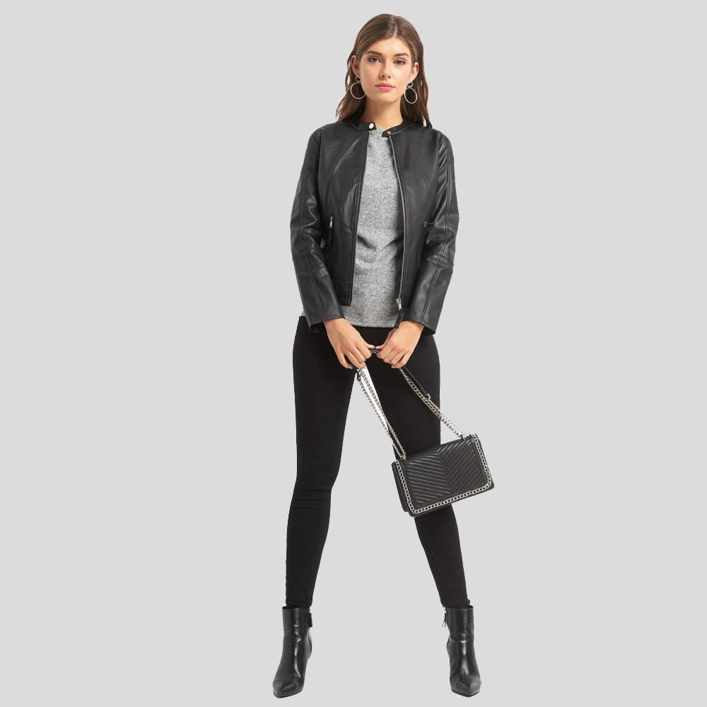 Women's Cora Black Biker Leather Jacket | Minimalist Style | Full Grain Apparel