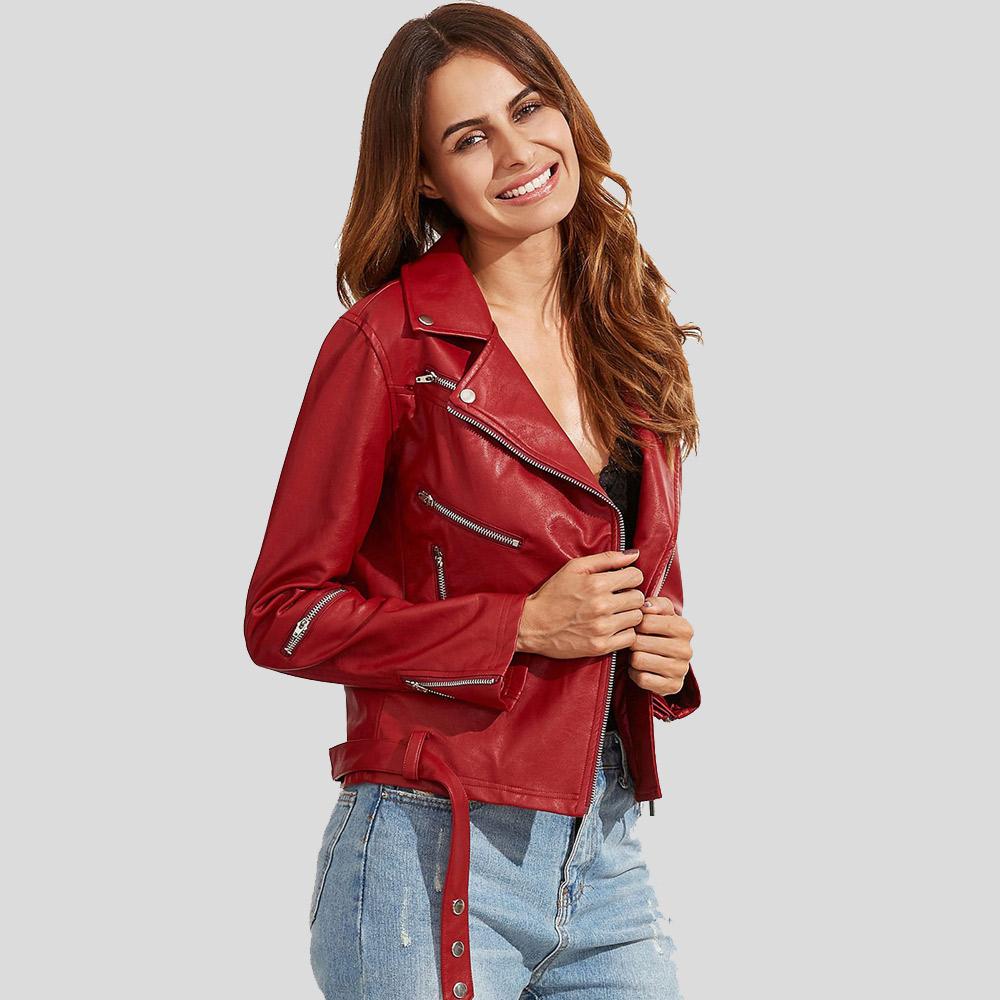 Women's Diana Red Biker Lambskin Leather Jacket | Full Grain Apparel