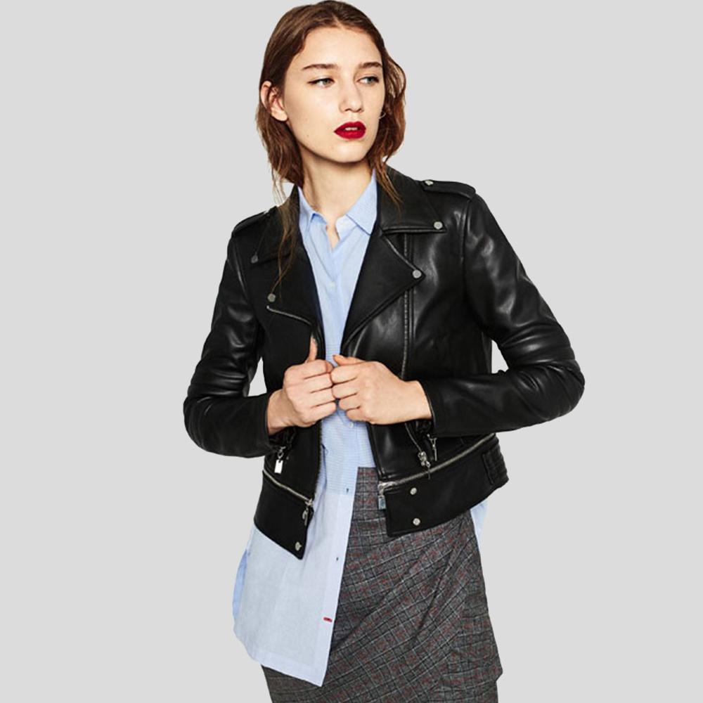 Women's Elise Black Biker Lambskin Leather Jacket | Full Grain Apparel