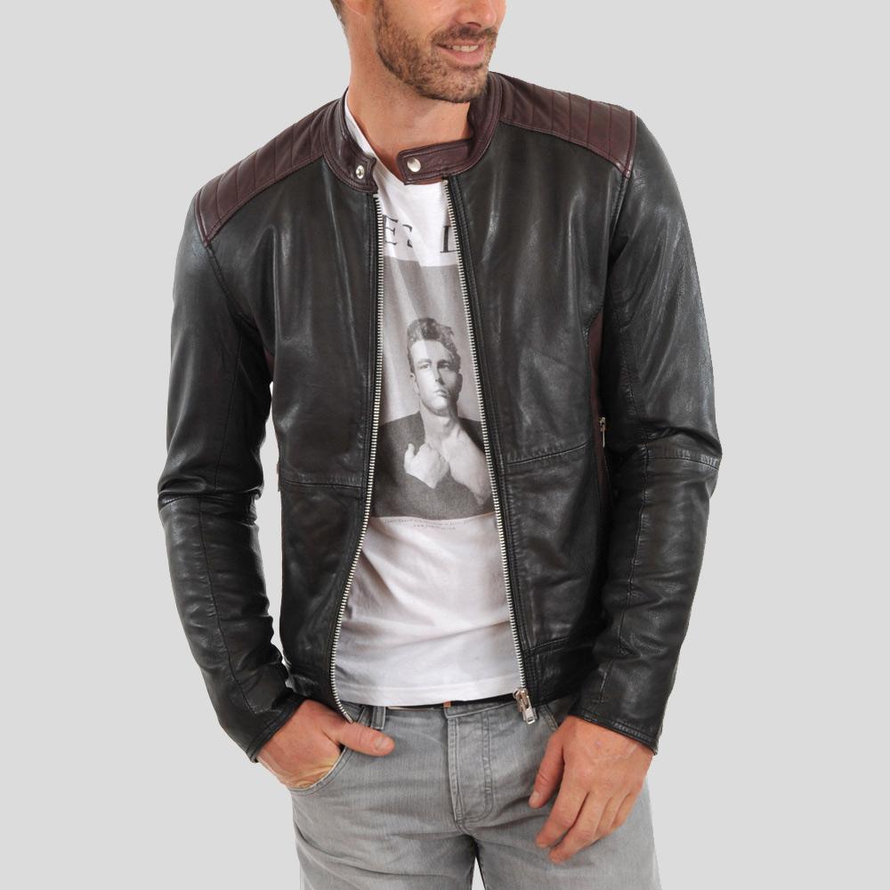 Chaqueta de cuero de motociclista negra Euan para hombre | Prenda de cuero de plena flor