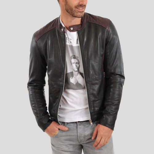 Chaqueta de cuero de motociclista negra Euan para hombre | Prenda de cuero de plena flor