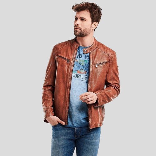 Chaqueta de cuero para motociclista Finley marrón para hombre | Ropa de grano completo