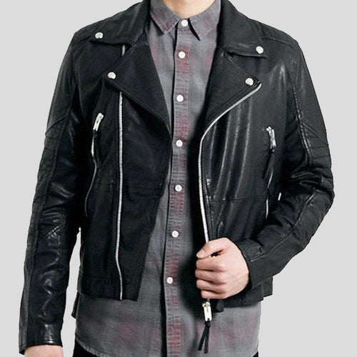 Chaqueta de cuero para motociclista para hombre Frankie Black | Piel de cordero genuina | Prenda de grano completo