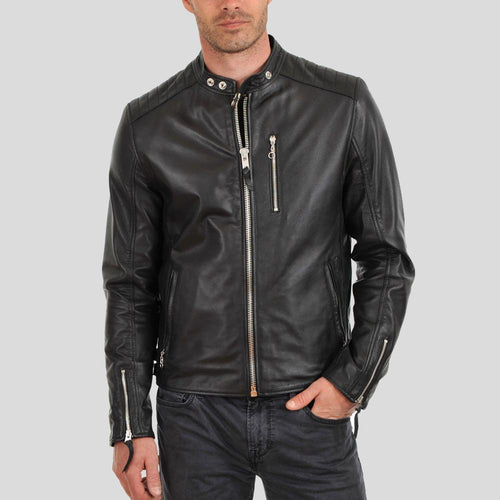 Chaqueta de cuero Fraser Biker negra para hombre | Prendas de piel plena flor