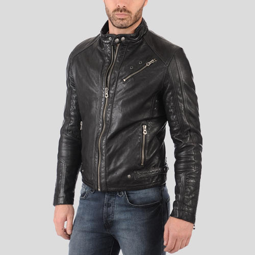 Chaqueta de cuero para motociclista Hector negra para hombre | Prenda de cuero plena flor