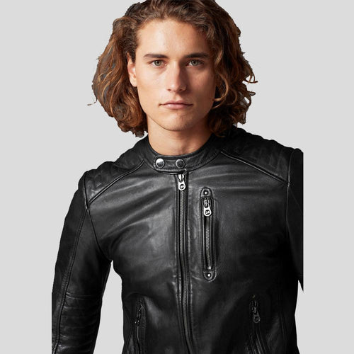 Chaqueta de motorista para hombre Jake, corte ajustado, color negro | Piel de vacuno auténtica | Prenda de grano completo