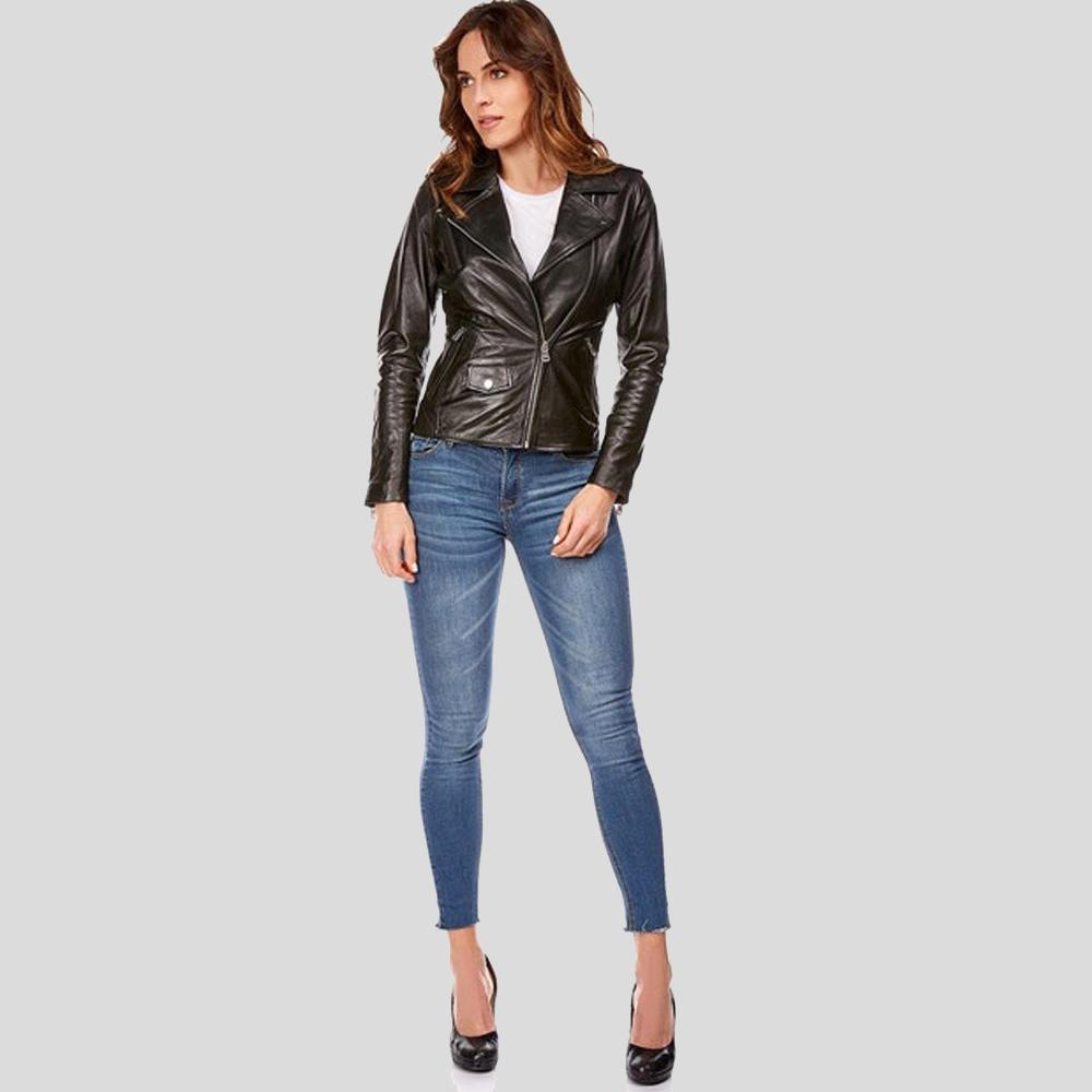 Women's Mya Black Biker Leather Jacket | Premium Lambskin | Full Grain Apparel