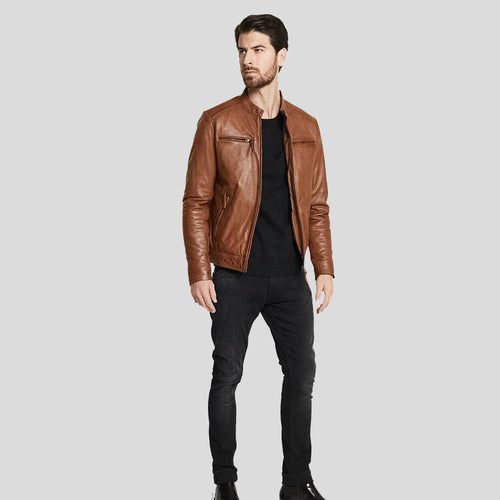 Men's Ollie Brown Biker Leather Jacket | Racer Style | Full Grain Apparel