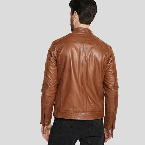 Chaqueta de cuero marrón Ollie para hombre | Estilo motociclista | Prenda de cuero de plena flor