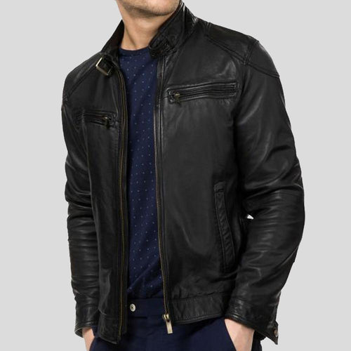 Chaqueta de cuero de motociclista negra Rory para hombre | Prendas de piel de grano completo