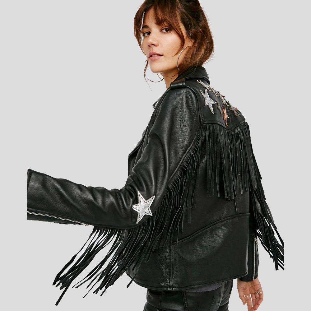 Women's Sloane Black Biker Leather Jacket | Tassels & Fringes | Full Grain Apparel