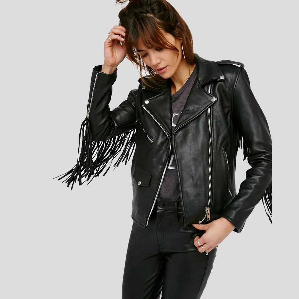 Women's Sloane Black Biker Leather Jacket | Tassels & Fringes | Full Grain Apparel