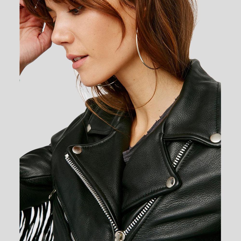Women's Sloane Black Biker Leather Jacket | Tassels & Fringes | Full Grain Apparel