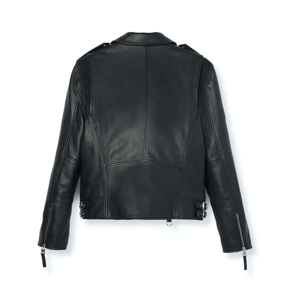 Chaqueta de motociclista de cuero negro para hombre - Piel de vaca resistente | Prenda de cuero de plena flor