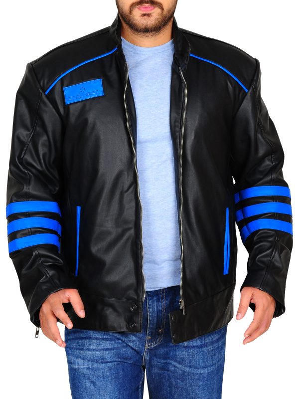 Chaqueta de cuero de motociclista negra y azul para hombre | Estilo Moto Eléctrica | Prenda de piel plena flor