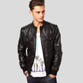 Men's Reggie Black Bomber Leather Jacket | Band Collar Style | Full Grain Apparel