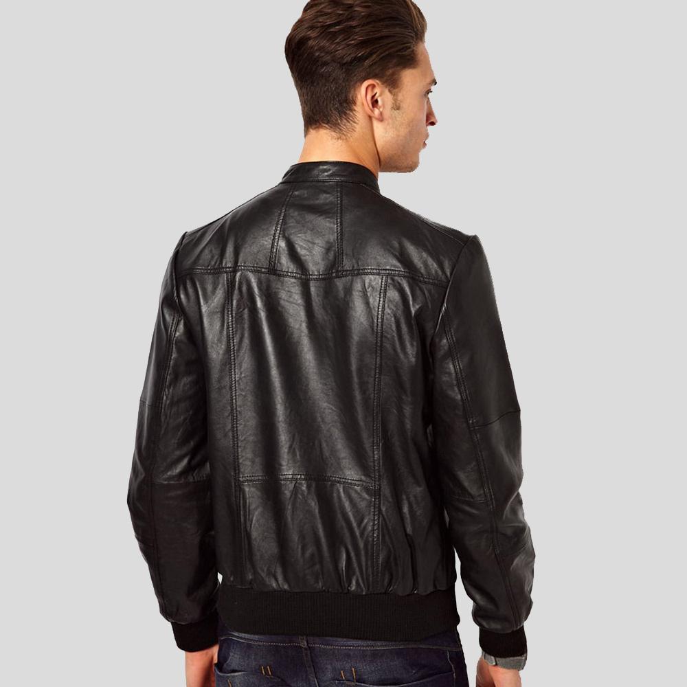 Men's Reggie Black Bomber Leather Jacket | Band Collar Style | Full Grain Apparel
