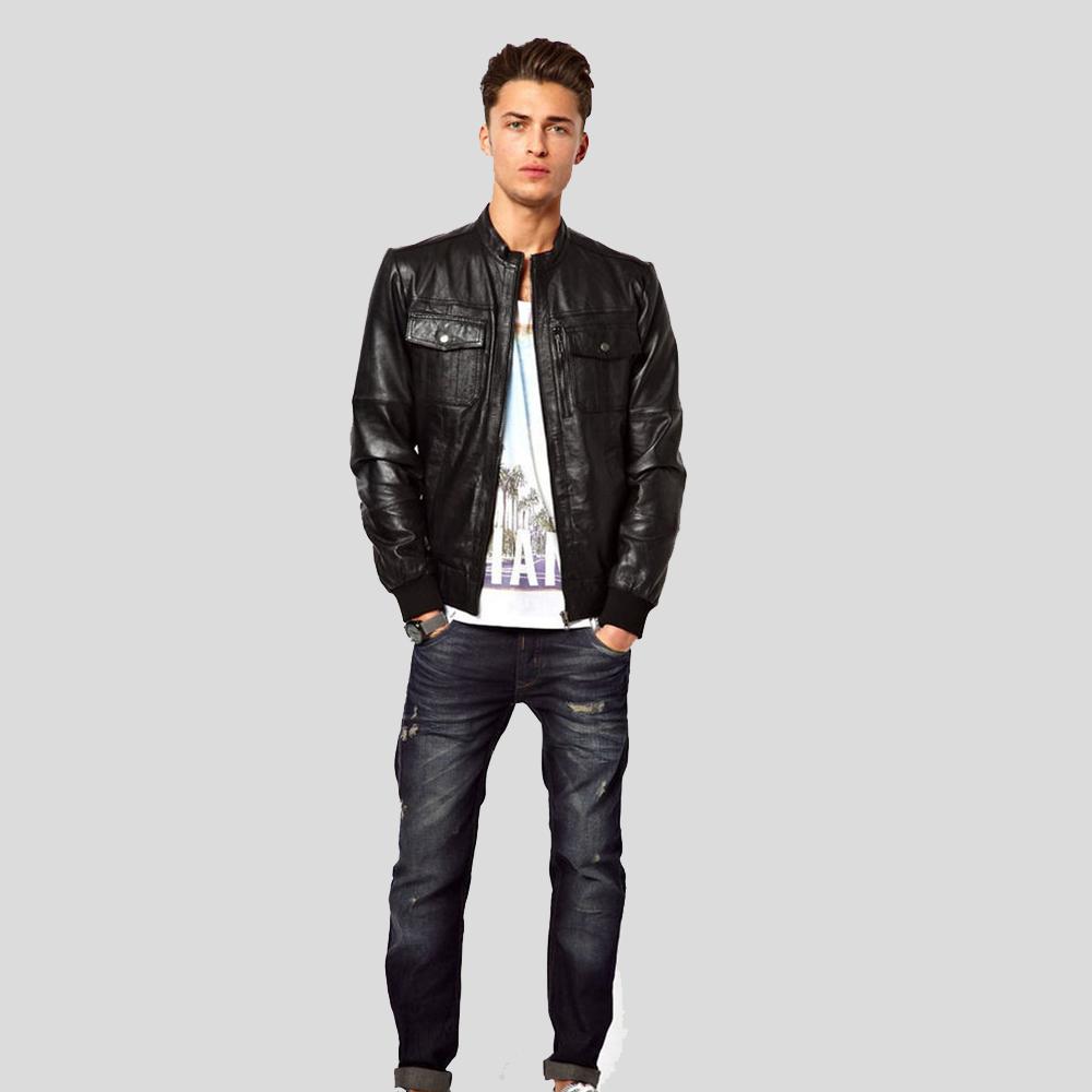 Men's Reggie Black Bomber Leather Jacket | Band Collar Style | Full Grain Apparel
