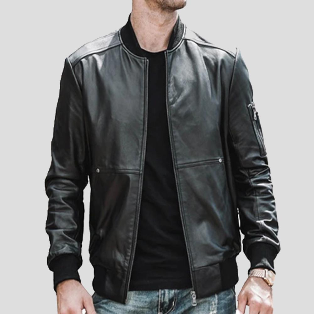 Men's Fritz Black Bomber Leather Jacket | Throat Latch Collar | Full Grain Apparel