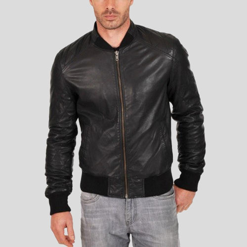Men's Jero Black Bomber Leather Jacket | Genuine Lambskin | Full Grain Apparel