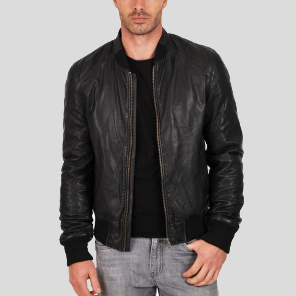 Chaqueta de cuero bomber negra Jero para hombre | Piel de cordero genuina | Prenda de plena flor