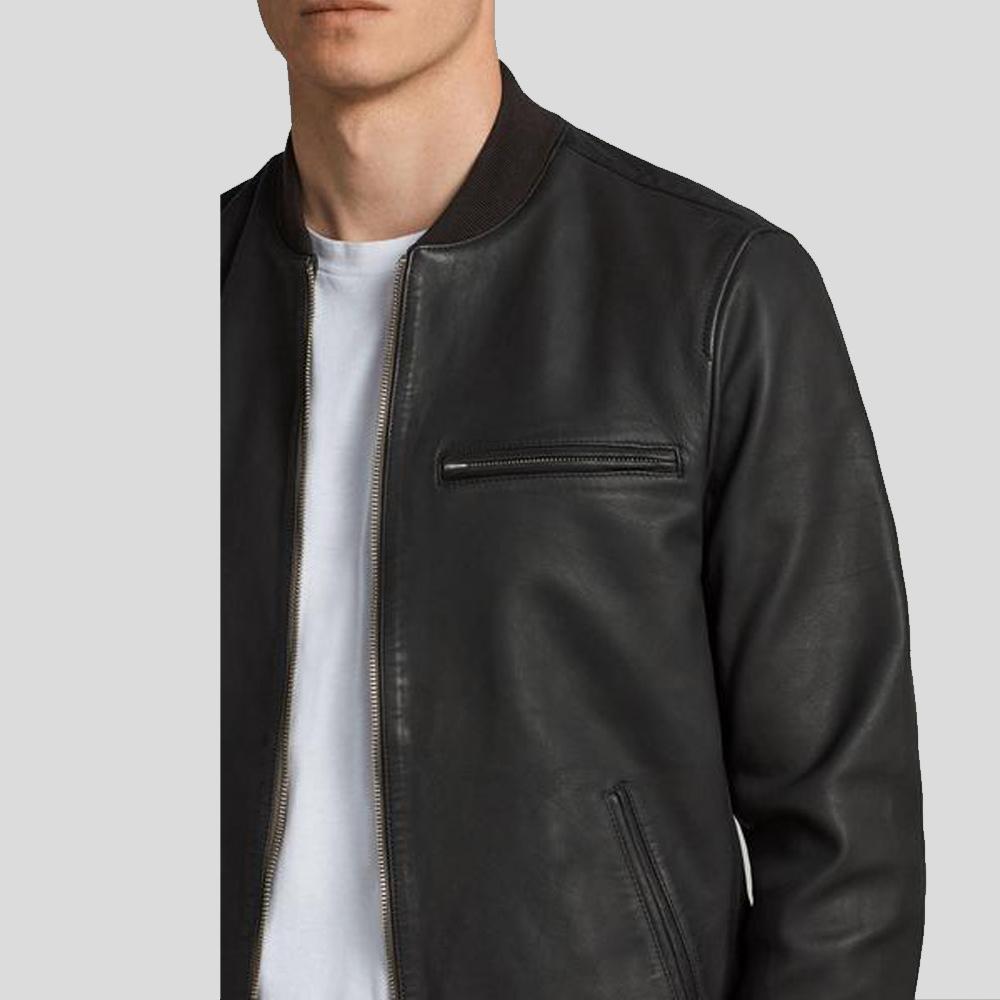 Chaqueta de cuero para hombre Wilt Black Bomber | Piel de cordero genuina | Prenda de grano completo