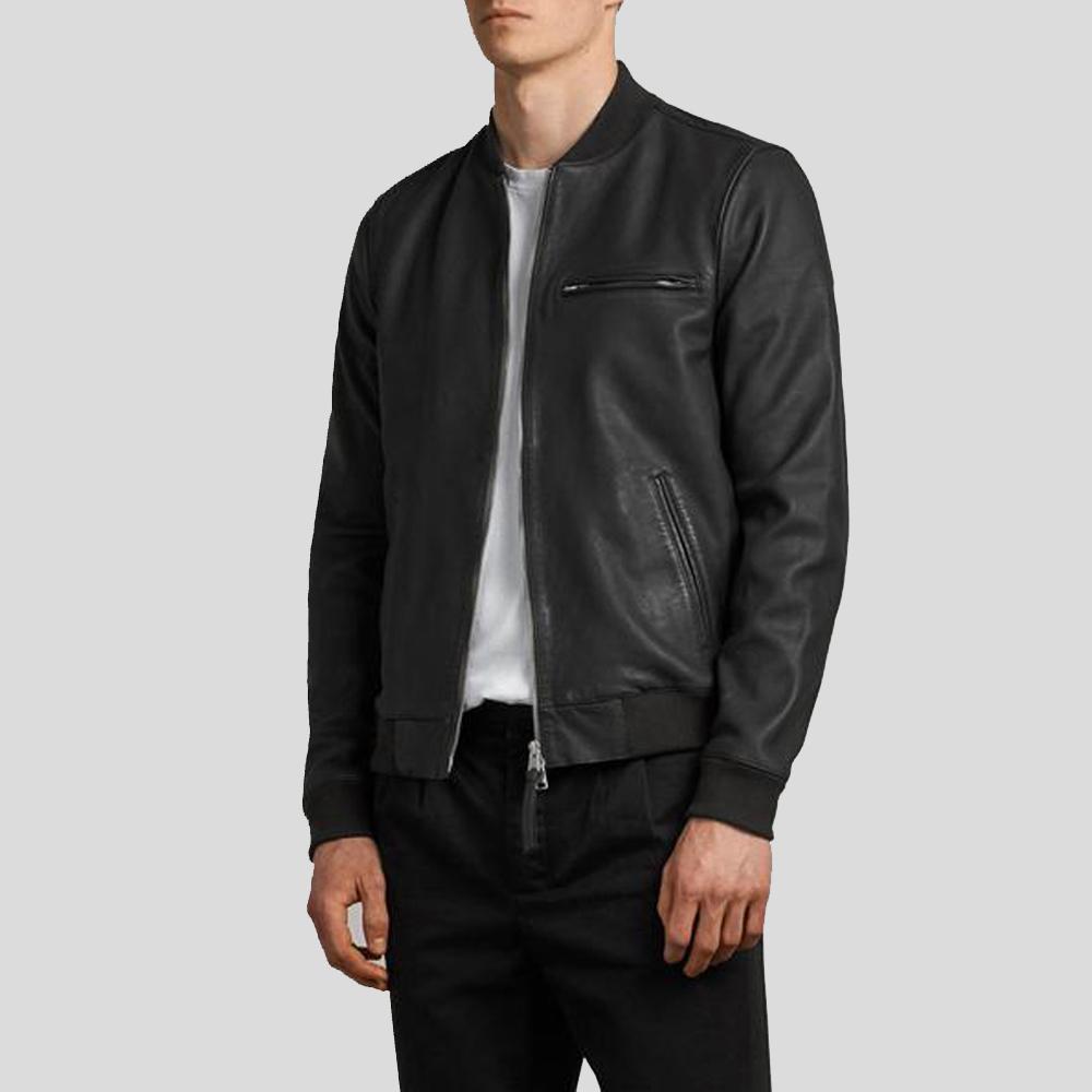 Chaqueta de cuero para hombre Wilt Black Bomber | Piel de cordero genuina | Prenda de grano completo